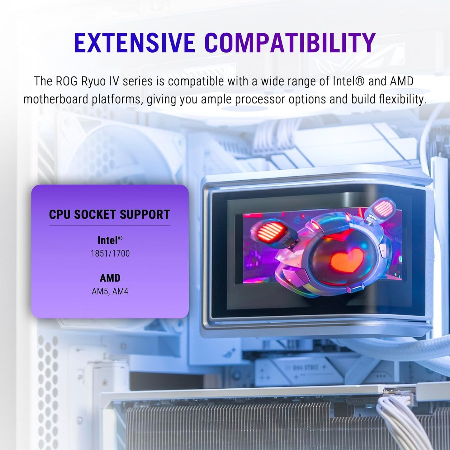 ASUS ROG RYUO IV 360 ARGB White with Curved 6.67-inch AMOLED Display That Supports 3D-Effect Video or Customizable System Stats, Plus Asetek Emma Gen8 V2 Pump and pre-Mounted Daisy-Chained ARGB Fans