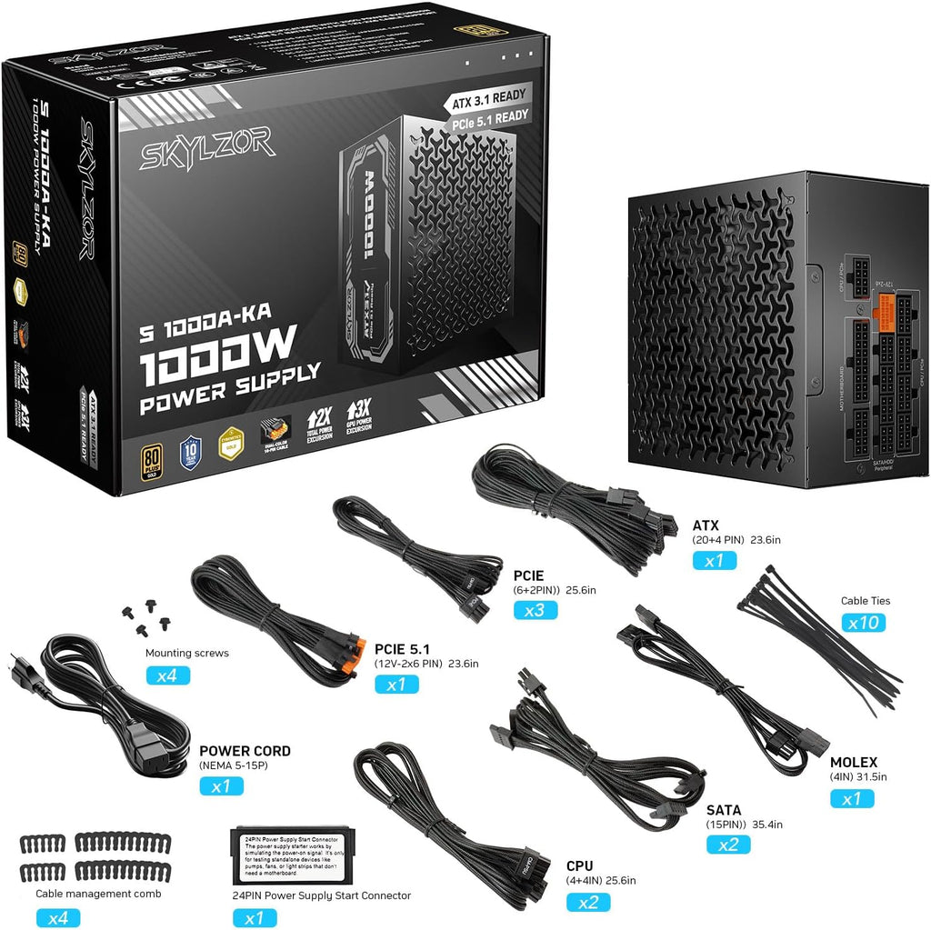 1000W Fully Modular Power Supply, 80+ Gold Certified PSU | ATX 3.1 & PCIe 5.1 Ready | 12V-2x6 Connector | 140mm Low-Noise Fan | 105℃ Japanese Capacitors | Black