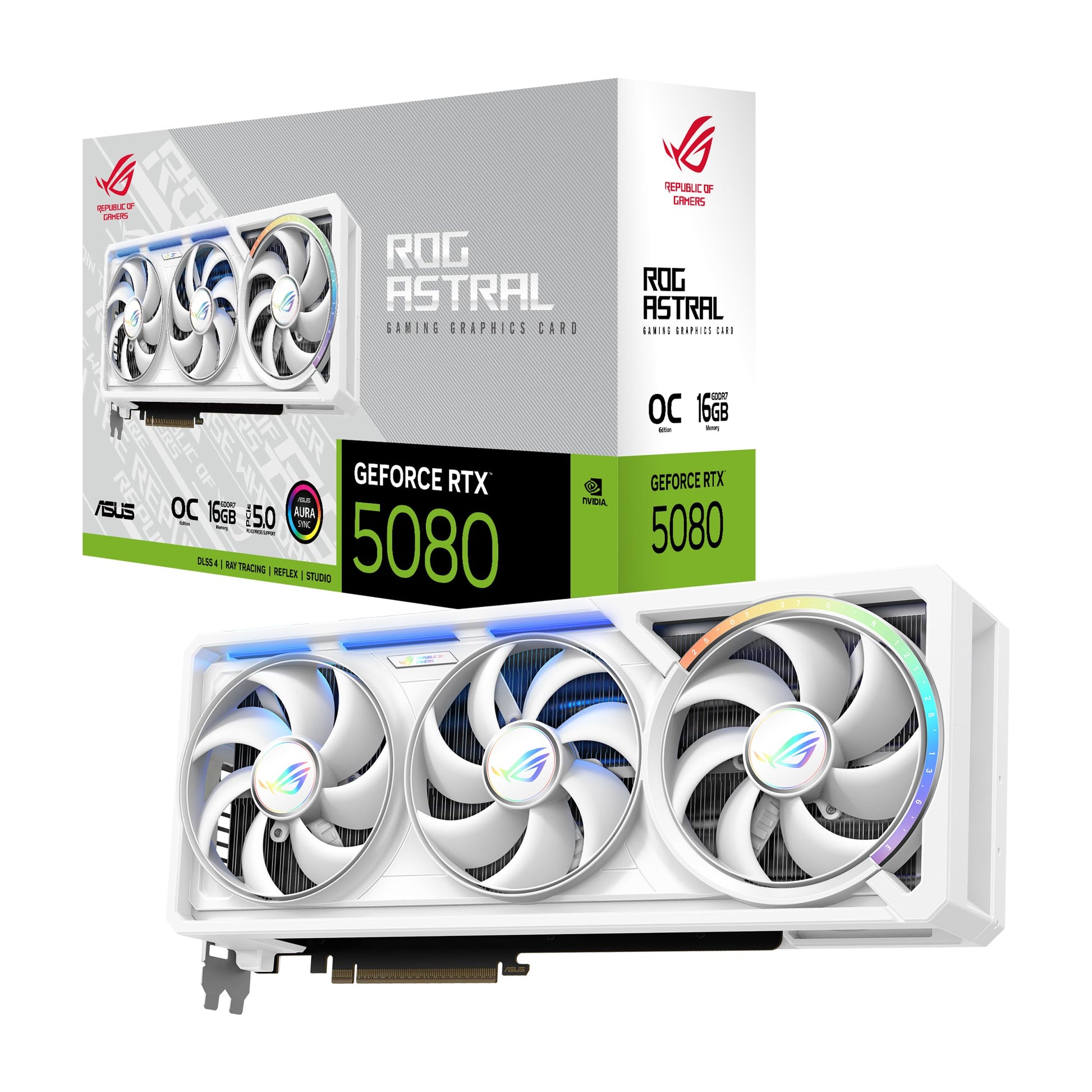ASUS ROG Astral GeForce RTX™ 5080 OC Edition Graphics Card, NVIDIA (PCIe® 5.0, 16GB GDDR7, HDMI®/DP 2.1, 3.8-Slot, 4-Fan Design, Axial-tech Fans, Patented Vapor Chamber, Phase-Change GPU Thermal Pad)