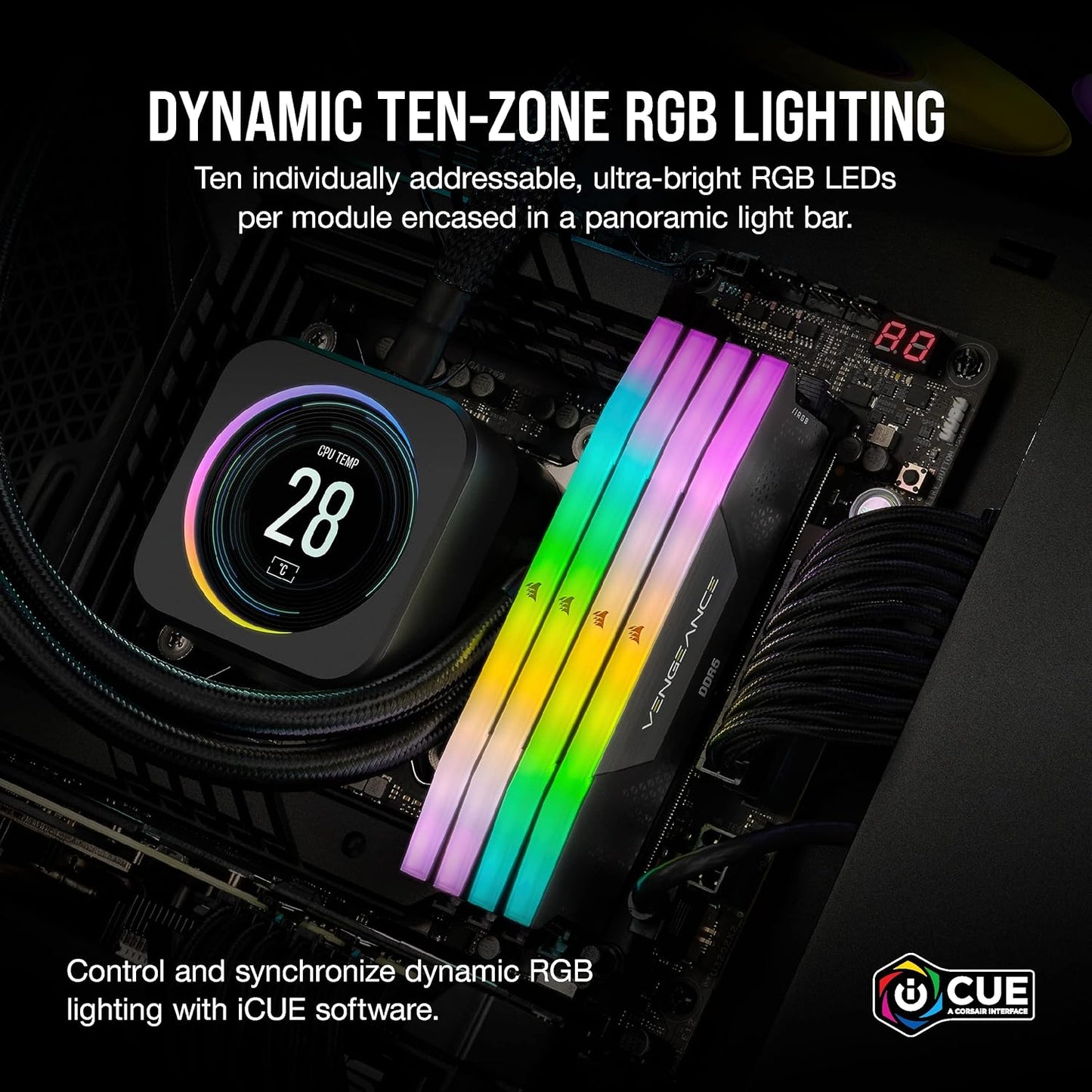 CORSAIR Vengeance RGB DDR5 RAM 16GB (2x8GB) Up to 5200MHz CL40 Intel XMP 3.0 Desktop Computer Memory - Black (CMH16GX5M2B5200C40)