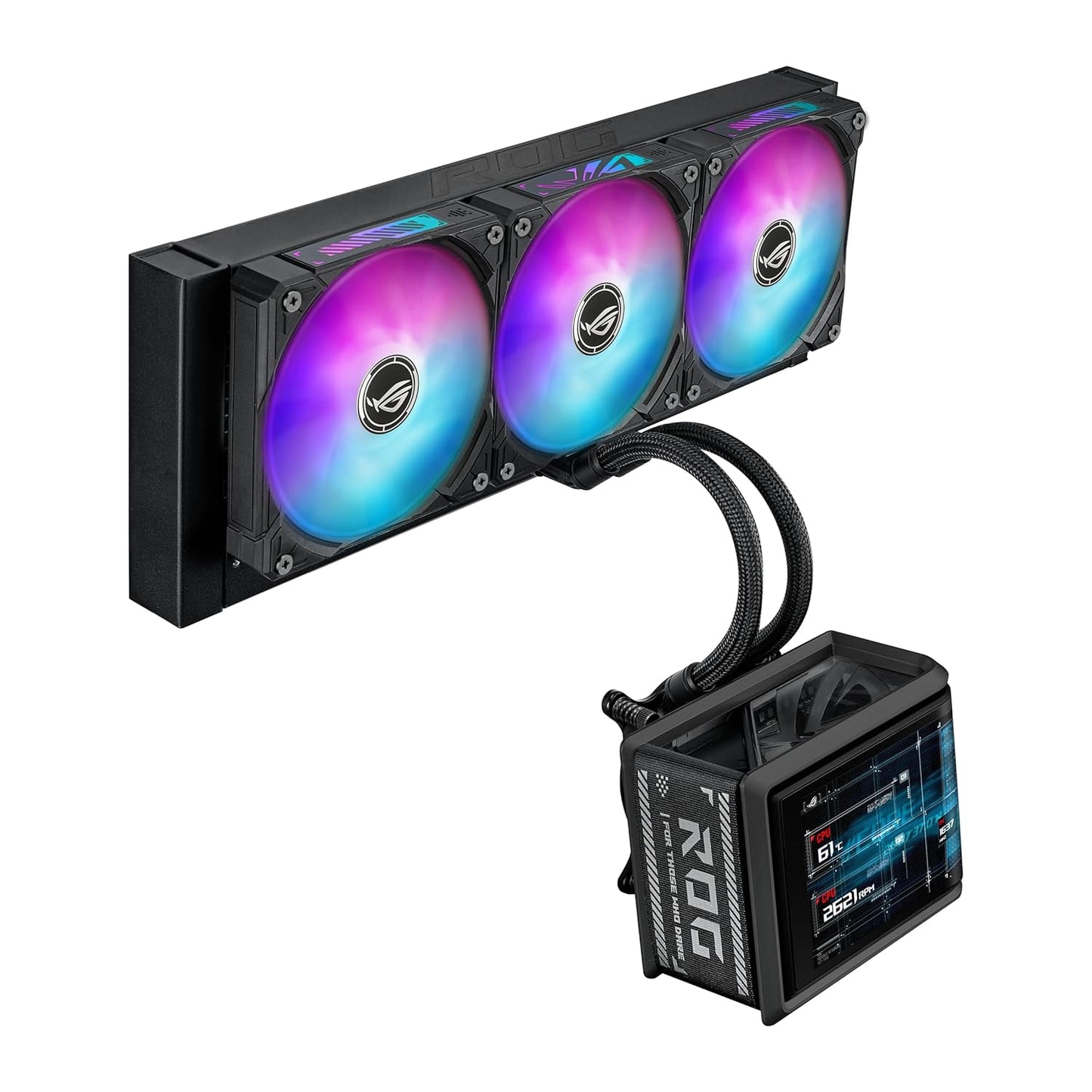 ASUS ROG RYUO IV SLC 360 ARGB All-in-one CPU Liquid Cooler with Shortened tubing maximizes a Clean Aesthetic, Curved 6.67-inch AMOLED Display Supports 3D-Effect Video or Customized System Information
