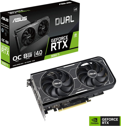 ASUS Dual NVIDIA GeForce RTX 3060 Ti OC Edition Graphics Card (PCIe 4.0, 8GB GDDR6X Memory, HDMI 2.1, DisplayPort 1.4a, 2-Slot Design, Axial-tech Fan Design, 0dB Technology, and More) (Renewed)