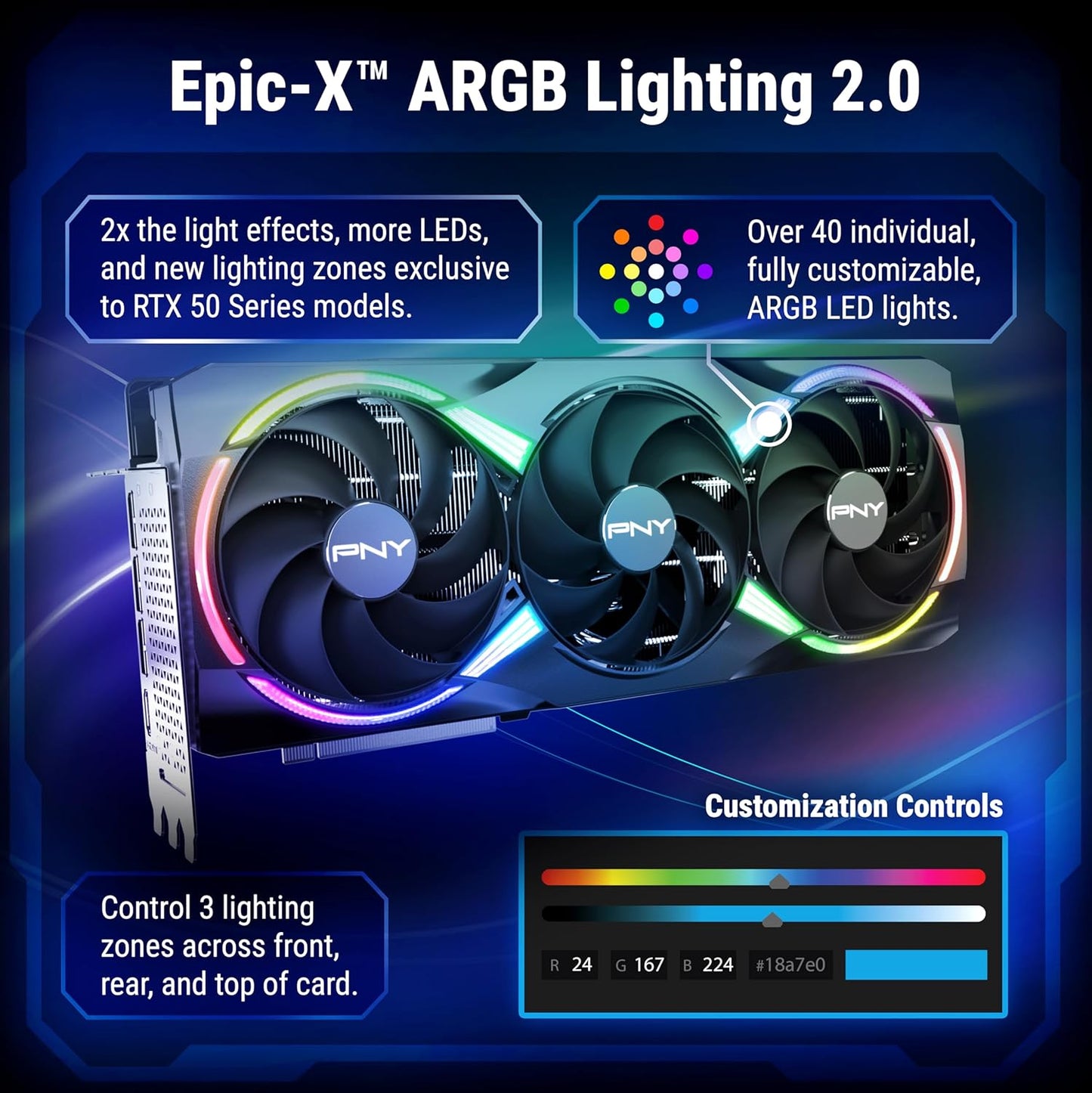 PNY NVIDIA GeForce RTX™ 5080 Epic-X™ ARGB OC Triple Fan, Graphics Card (16GB GDDR7, 256-bit, Boost Speed: 2775 MHz, PCIe® 5.0, HDMI®/DP 2.1, 2.99-Slot, NVIDIA Blackwell Architecture, DLSS 4)