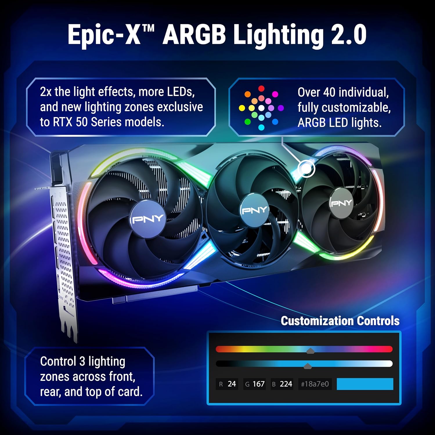 PNY NVIDIA GeForce RTX™ 5080 Epic-X™ ARGB OC Triple Fan, Graphics Card (16GB GDDR7, 256-bit, Boost Speed: 2775 MHz, PCIe® 5.0, HDMI®/DP 2.1, 2.99-Slot, NVIDIA Blackwell Architecture, DLSS 4)