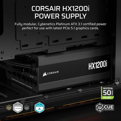 CORSAIR HX1200i (2025) Fully Modular Ultra-Low Noise ATX Power Supply with 12V-2x6 Cable – ATX 3.1 & PCIe 5.1 Compliant, Cybenetics Platinum Efficiency, Fluid Dynamic Bearing Fan – Black