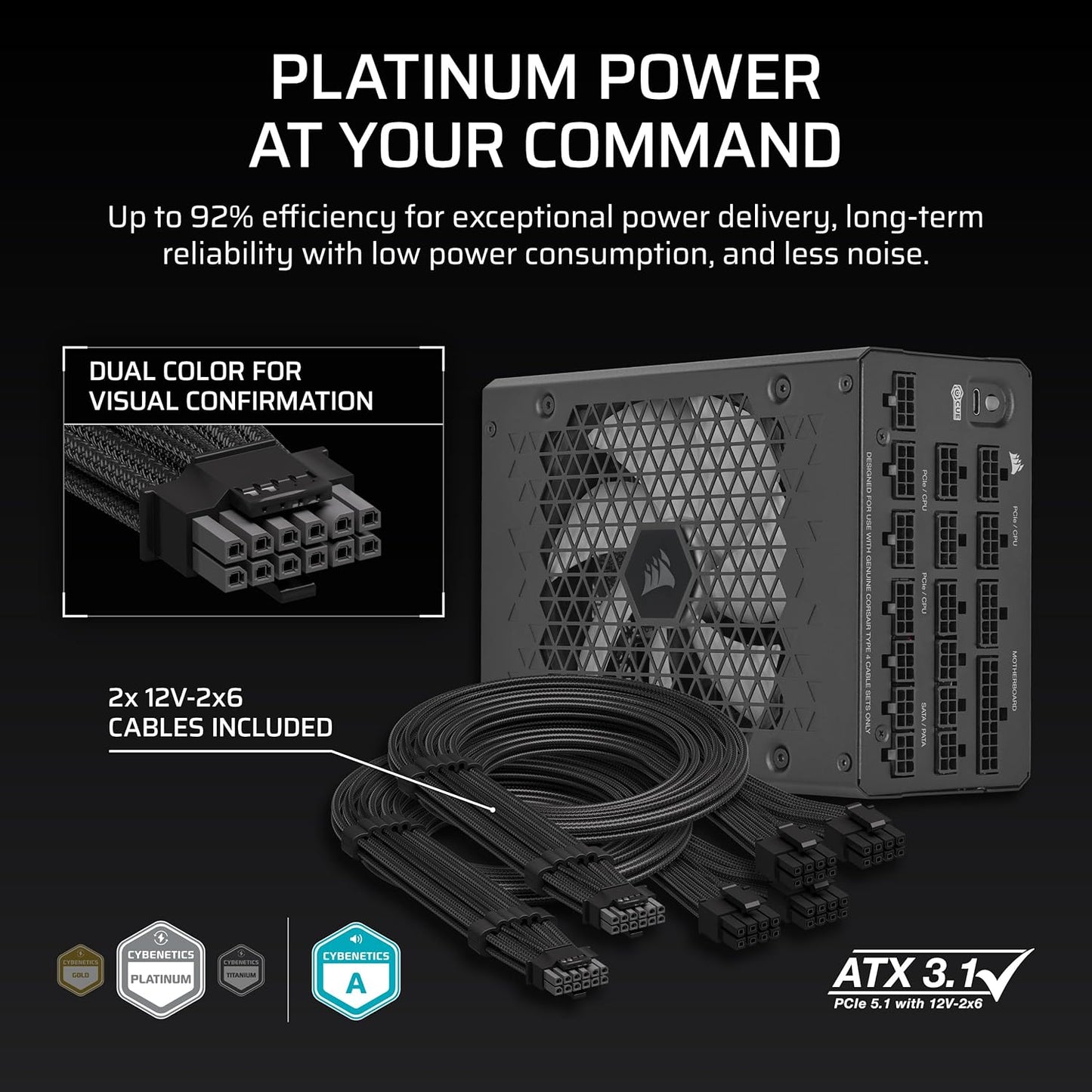 CORSAIR HX1200i (2025) Fully Modular Ultra-Low Noise ATX Power Supply with 12V-2x6 Cable – ATX 3.1 & PCIe 5.1 Compliant, Cybenetics Platinum Efficiency, Fluid Dynamic Bearing Fan – Black