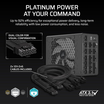CORSAIR HX1200i (2025) Fully Modular Ultra-Low Noise ATX Power Supply with 12V-2x6 Cable – ATX 3.1 & PCIe 5.1 Compliant, Cybenetics Platinum Efficiency, Fluid Dynamic Bearing Fan – Black