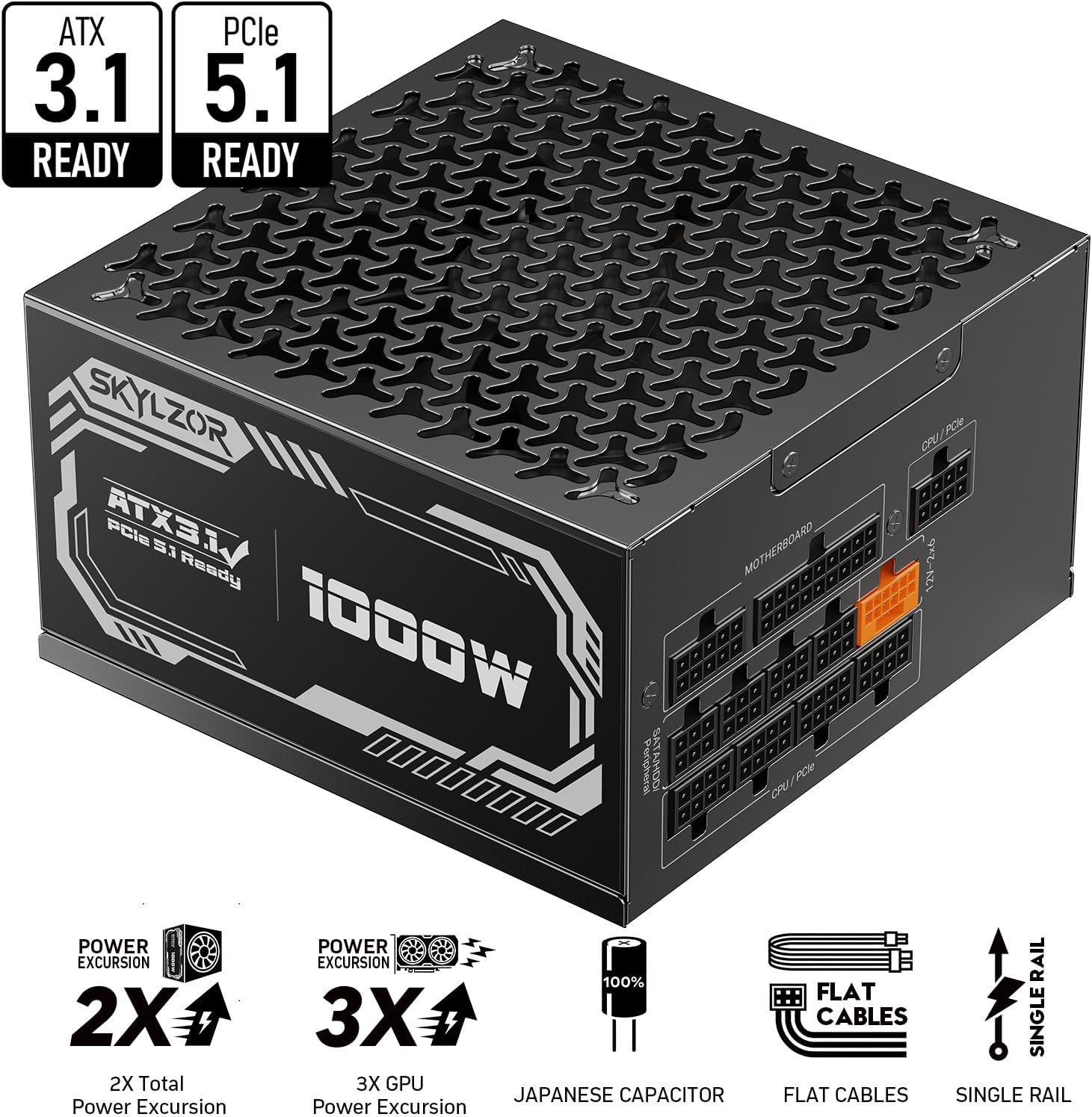 1000W Fully Modular Power Supply, 80+ Gold Certified PSU | ATX 3.1 & PCIe 5.1 Ready | 12V-2x6 Connector | 140mm Low-Noise Fan | 105℃ Japanese Capacitors | Black