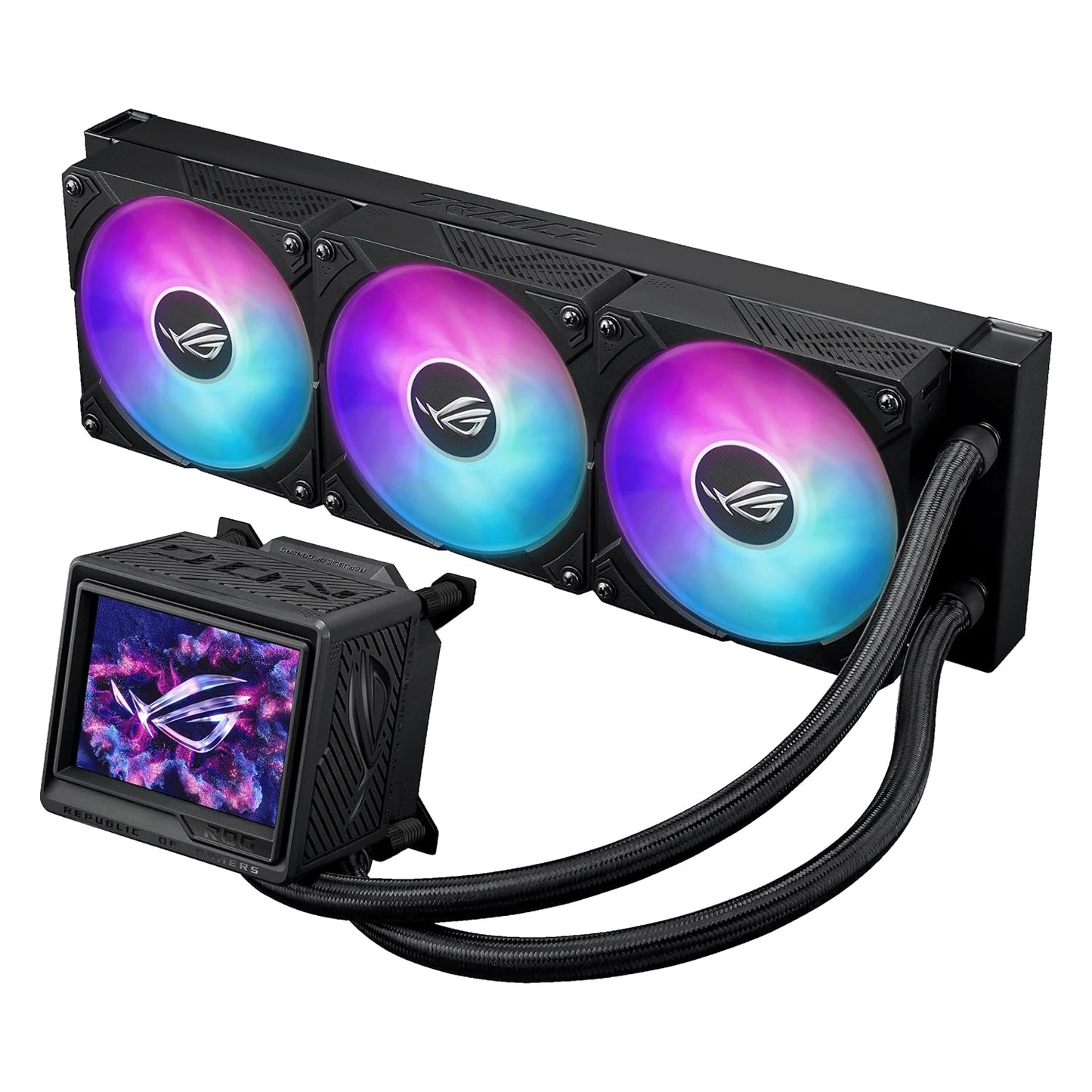 ASUS ROG RYUJIN III 360 ARGB EXTREME all-in-one AIO CPU liquid cooler, AMD Ryzen 9000 & Intel® Core™ Ultra Ready, Asetek Gen8 V2 pump; high airflow static pressure magnetic fans; customizable 3.5" LCD