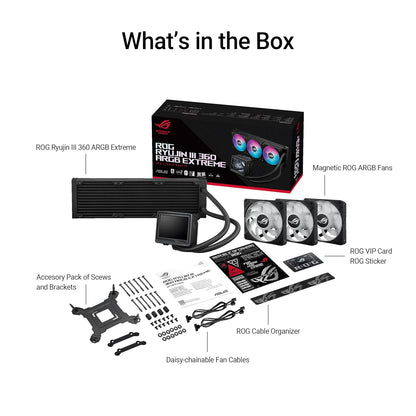ASUS ROG RYUJIN III 360 ARGB EXTREME all-in-one AIO CPU liquid cooler, AMD Ryzen 9000 & Intel® Core™ Ultra Ready, Asetek Gen8 V2 pump; high airflow static pressure magnetic fans; customizable 3.5" LCD