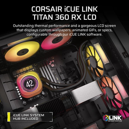 CORSAIR Titan 360 RX LCD Liquid CPU Cooler, 360mm AIO, Low-Noise FlowDrive Cooling Engine, Intel LGA 1851/1700 & AMD AM5/AM4, 3X RX120 RGB Fans, System Hub Included, Black