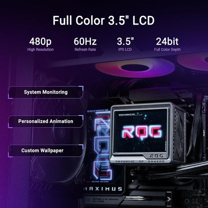 ASUS ROG RYUJIN III 360 ARGB EXTREME all-in-one AIO CPU liquid cooler, AMD Ryzen 9000 & Intel® Core™ Ultra Ready, Asetek Gen8 V2 pump; high airflow static pressure magnetic fans; customizable 3.5" LCD